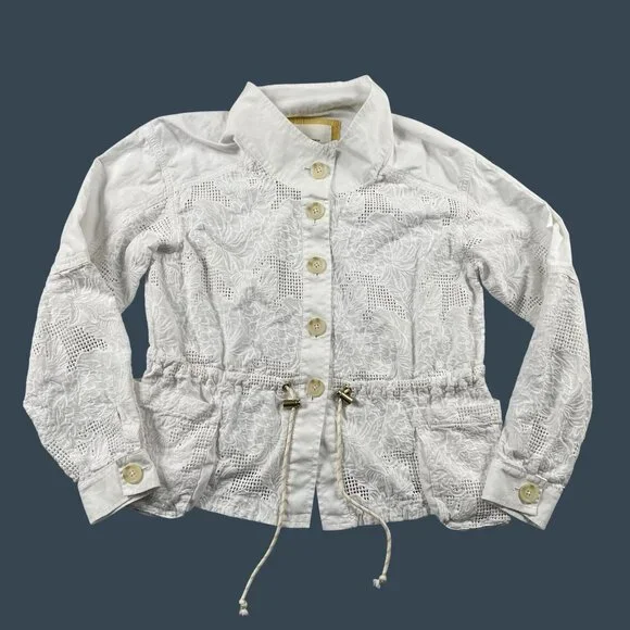 A by Anthropologie Anarok Button Down Womens Small White Eyelet Coat - Picture 2 of 8
